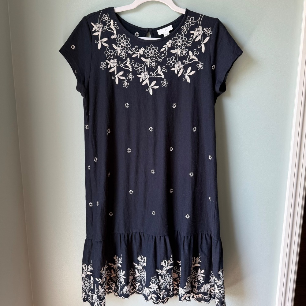 J. Jill Petite Navy Blue Dress Embroidered Short Sleeve Cotton Ruffle Skirt SP